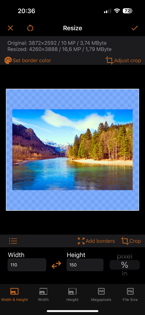 Interface de l'application iSize montrant les contrôles de redimensionnement d'images pour la largeur et la hauteur en pourcentage dans l'application iSize