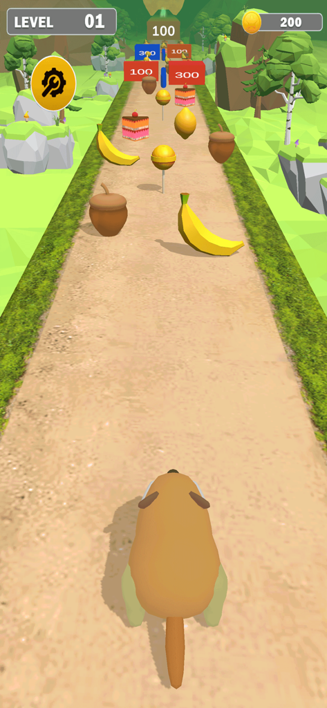 Animal Run Race Running Games - A 3D animal running on a forest path collecting fruit and snacks in a mobile game