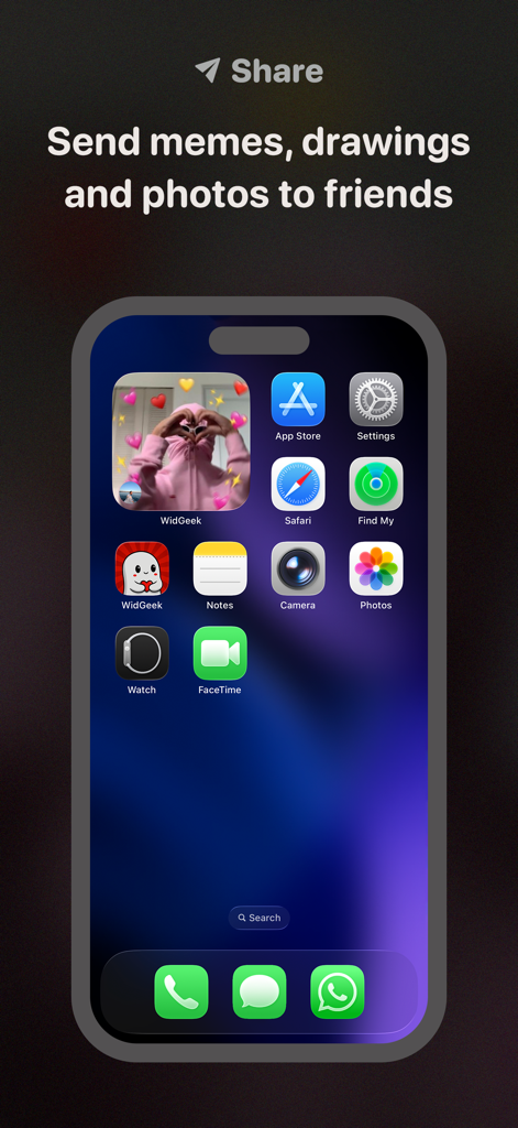 iPhoneのホーム画面に、ハートの形を作る人の写真ウィジェットが表示されているWidGeekが表示されています。