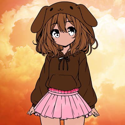 pretty anime girl wearing a fluffy hoodie with bunny ears on the hood and a skirt