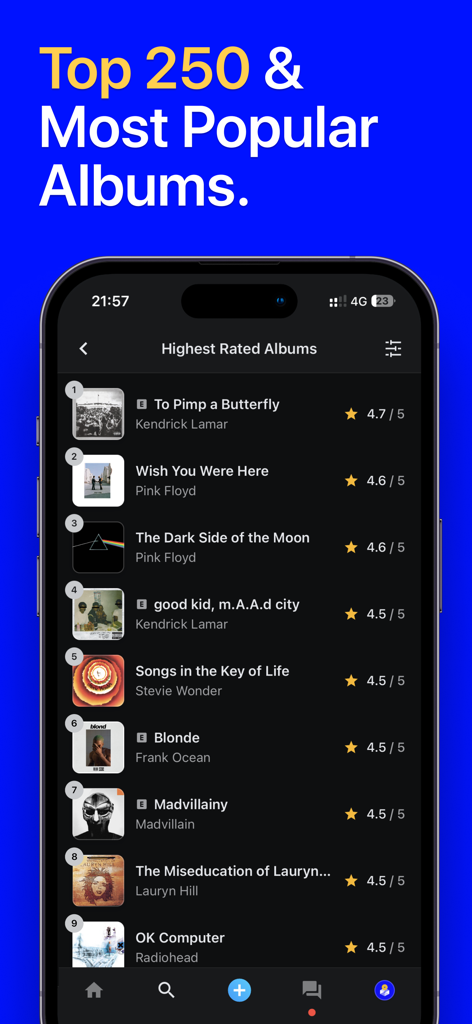 Musicboard: Albums & Songs - Bildschirm der mobilen App, der eine Rangliste der am höchsten bewerteten Musikalben auf Musicboard zeigt.