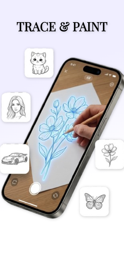 AR Drawing Pro - Trace & Paint - La aplicación AR Drawing Pro proyectando un diseño floral sobre papel para calcar con un lápiz