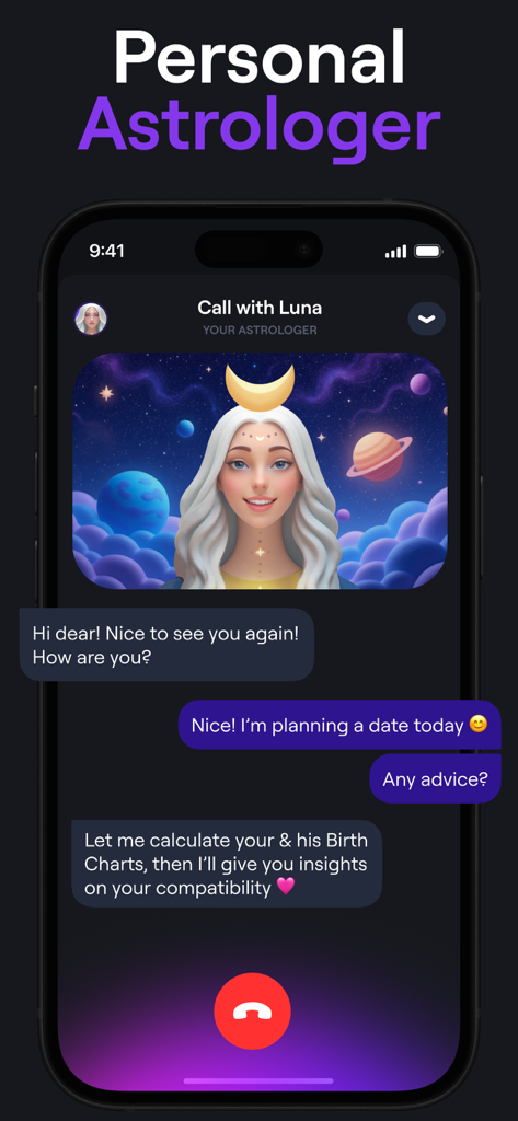 Interface of the Moonly app showing a chat with an AI astrologer named Luna providing compatibility insights based on birth charts.