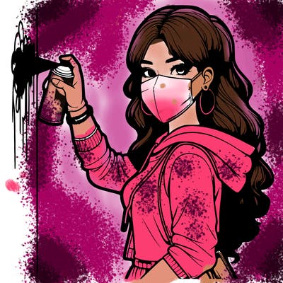 realistic girl with mask spray painting a wall