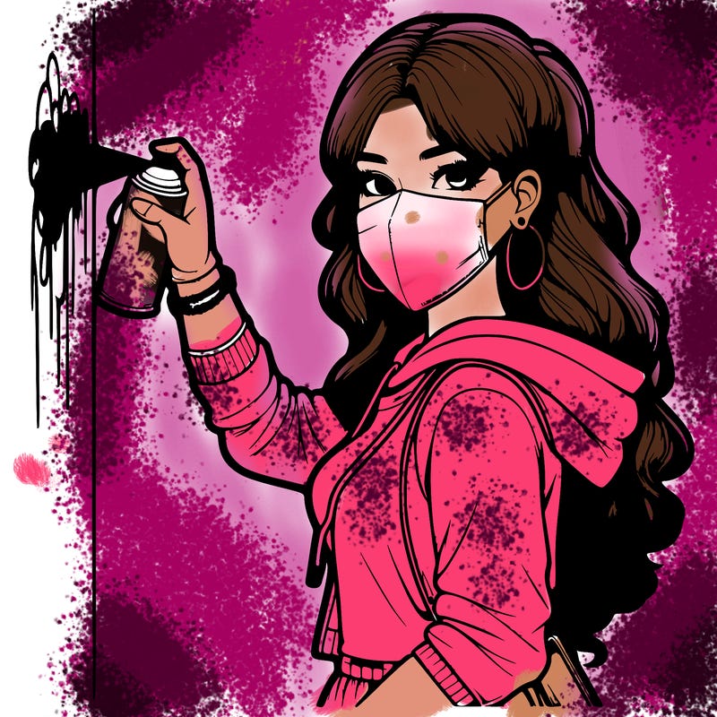 realistic girl with mask spray painting a wall