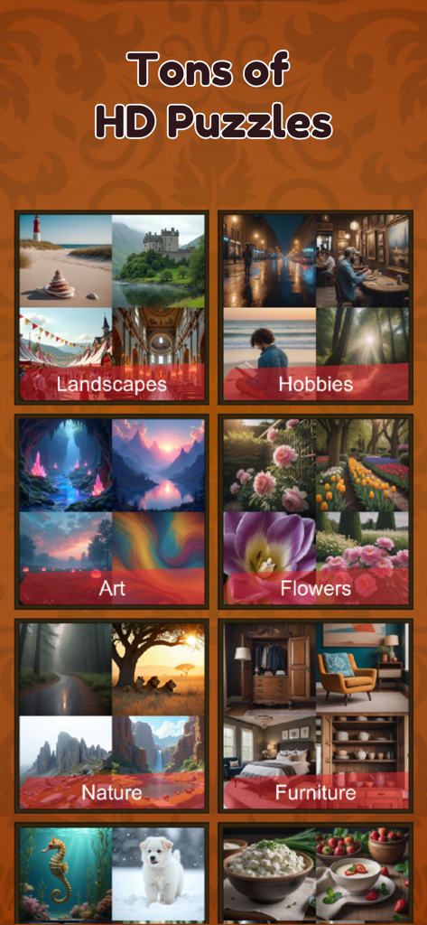 Jigsaw Puzzle & Brain Games - Menu display of various HD jigsaw puzzle categories including nature art and landscapes