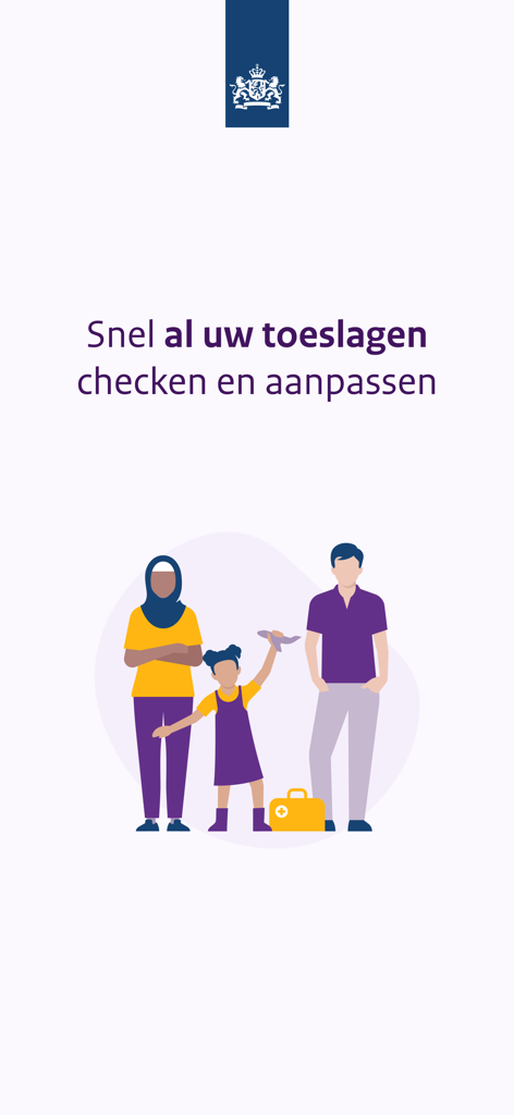 Toeslagen - Toeslagen app introductory screen with family illustration and government logo