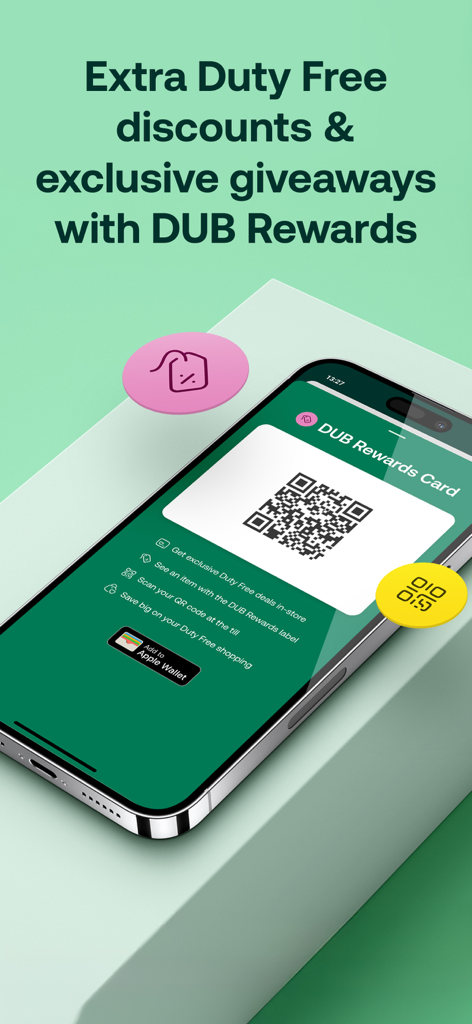 Dublin Airport - Pantalla de teléfono inteligente que muestra la tarjeta digital DUB Rewards del Aeropuerto de Dublín y el código QR para descuentos en duty free.