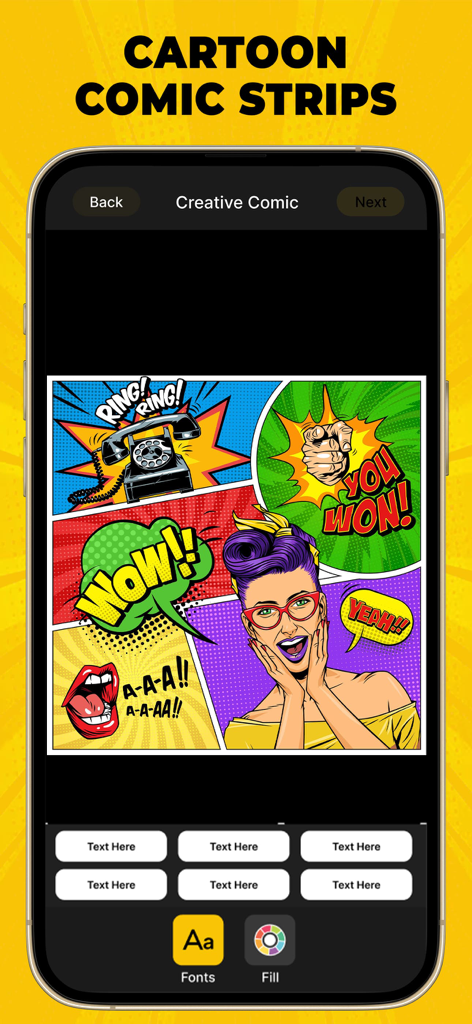 User interface of Comic Cartoon Story Maker app displaying a vibrant pop art comic collage