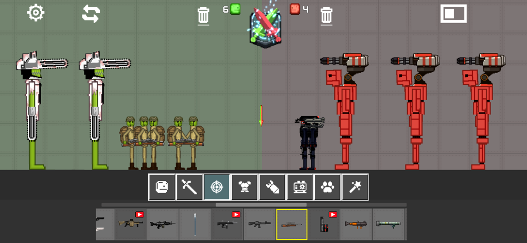 Battle Playground - Una pantalla de sandbox de Battle Playground que muestra unidades verdes y rojas con armas personalizadas y sierras y pistolas montadas en la cabeza.