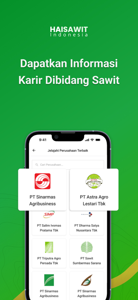 Hai Sawit App - Interface of the Hai Sawit app showing career opportunities and palm oil company profiles.