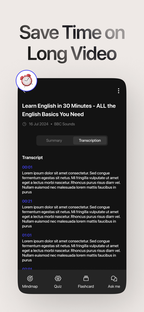 Summarify app interface showing a full video transcript with a save time headline