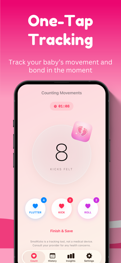 Interfaz de la aplicación móvil SmolKicks para rastrear los movimientos del bebé mostrando opciones para aleteos, patadas y giros