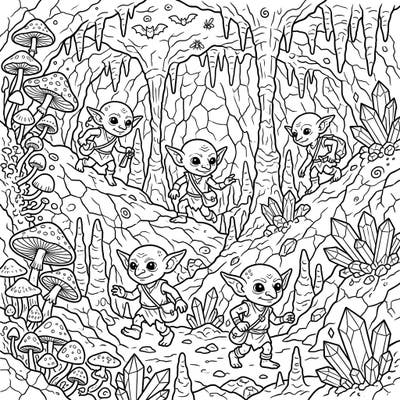 Embark on an enchanting journey deep underground with our detailed Cave Goblins coloring page. Discover a whimsical world of mischievous creatures, sparkling crystals, and mysterious fungi awaiting your creative touch.