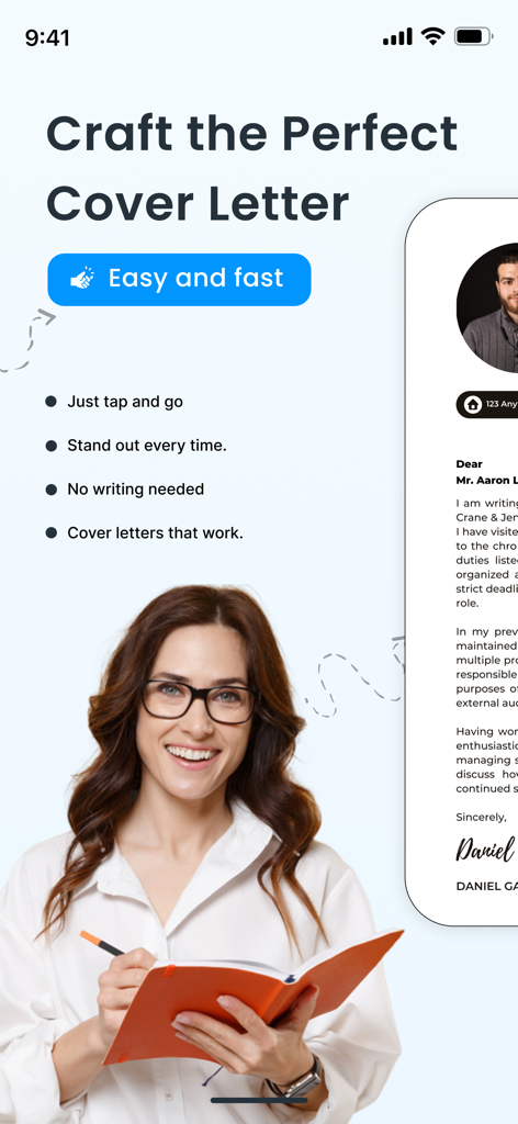 CV Maker & Resume Builder PDF - CVメーカーアプリのインターフェースで、プロフェッショナルなカバーレターを簡単かつ迅速に作成する機能を紹介しています。