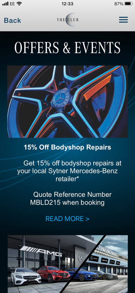 Sytner Mercedes-Benz Club - Pantalla de la aplicación Mercedes Benz Club que muestra ofertas y eventos exclusivos de servicio