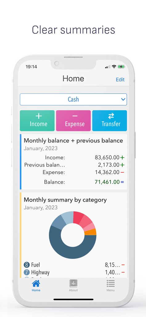 Daily Expenses: Finance - Daily Expenses Finance app home screen showing monthly balance and spending category donut chart