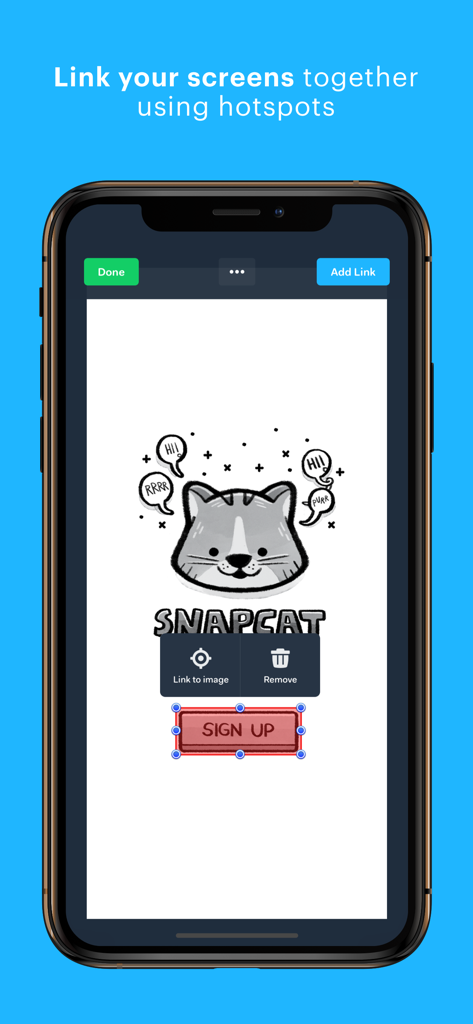 Interface showing how to link design screens together using interactive hotspots in the Marvel app