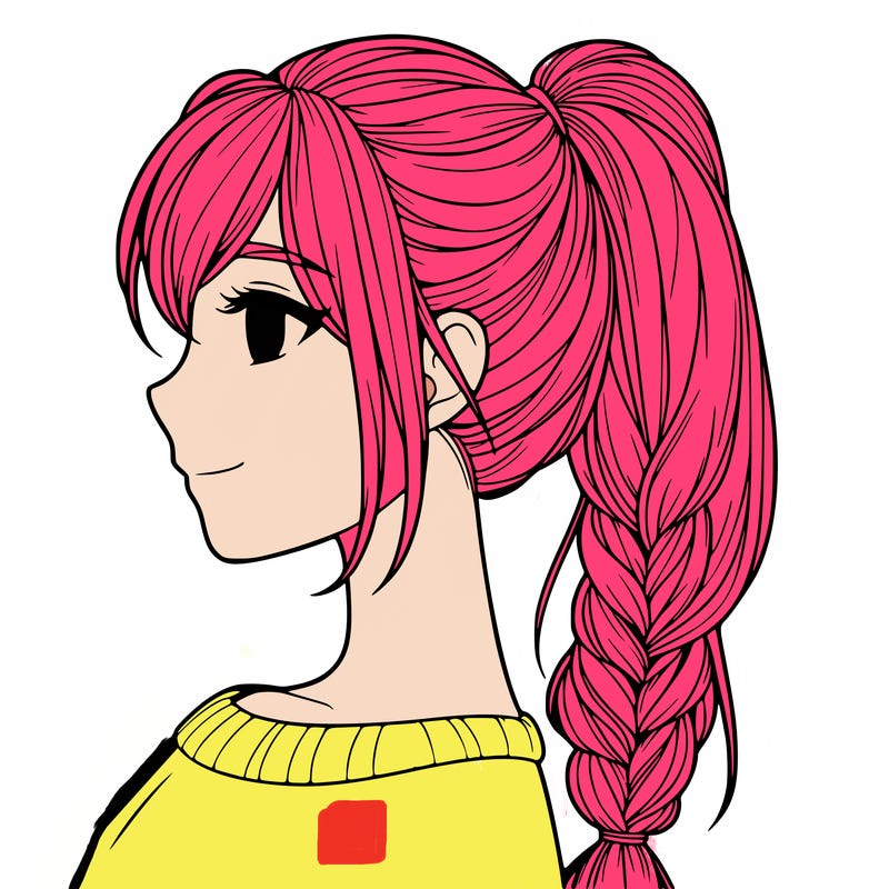 a realistic girl with a ponytail with a plait on the side