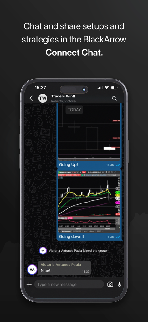 BlackArrow app Connect Chat interface for sharing trading strategies and charts.