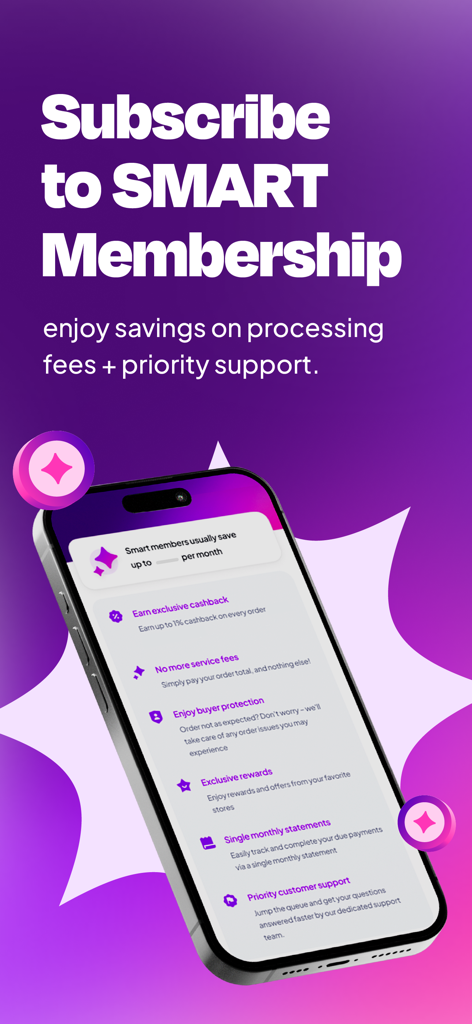 Tamara app screen displaying SMART membership benefits like exclusive cashback and priority customer support