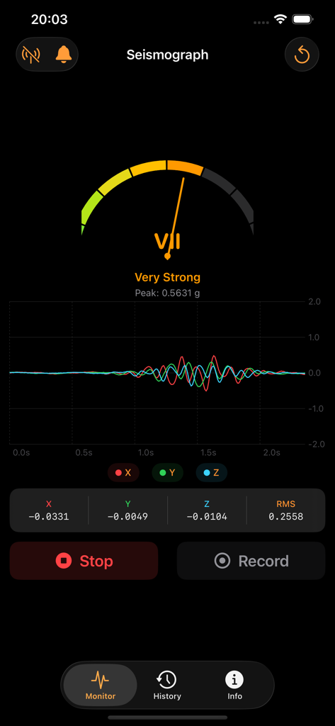 Vibration - Seismograph Meter - Vibration app monitor screen showing a very strong intensity level and seismic waveform graph