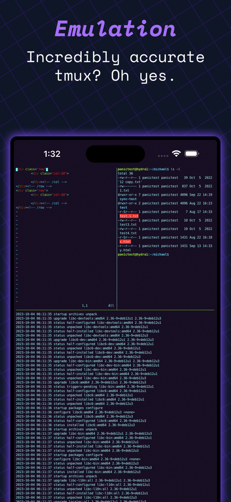 Prompt 3 - Prompt 3 app interface displaying accurate tmux terminal emulation and code on an iPhone screen