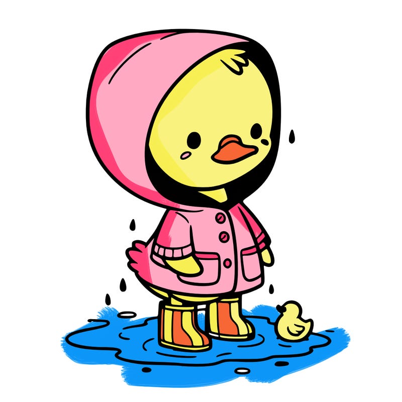 baby duck in a rain coat and boots, in a puddle while it’s raining
