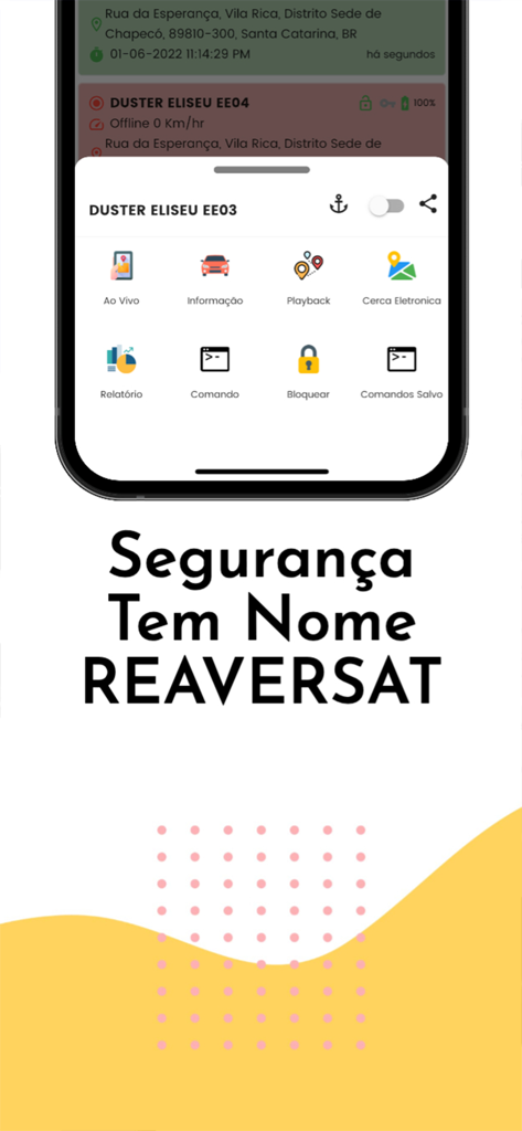 Reaver Sat Pro - Reaver Sat Pro app interface displaying icons for live tracking geofencing and remote vehicle blocking.