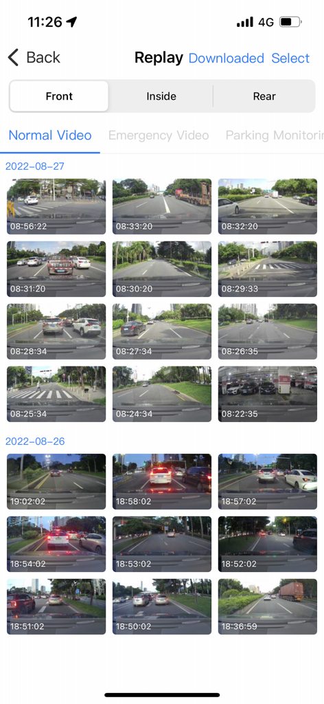 GoLook app replay screen showing a grid of recorded dashcam video thumbnails categorized by date and camera view