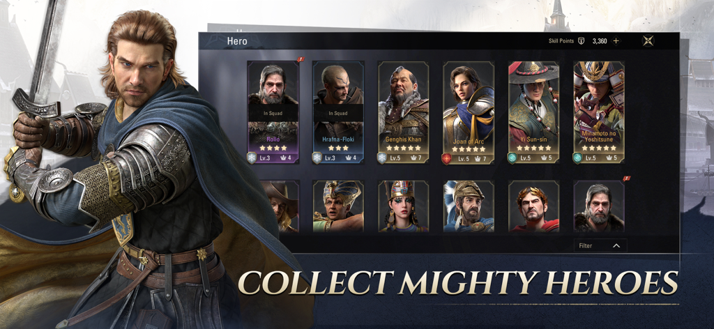 Epic Age game screenshot showing a selection of historical heroes like Genghis Khan and Joan of Arc