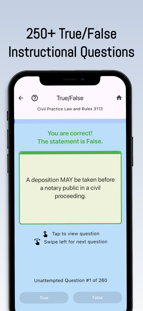 NY Notary Public Study App - NY Notary Public Study App interface showing a true or false practice question for the New York State exam.