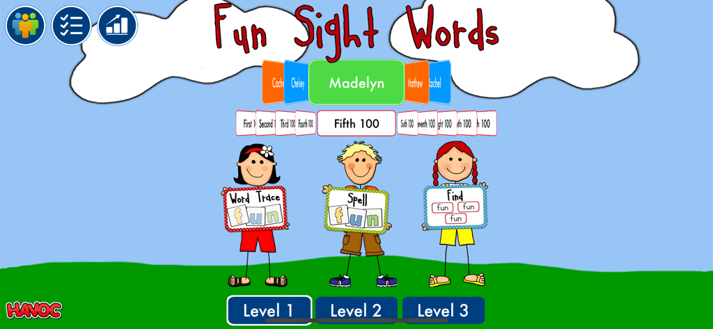 Fun Sight Words - The main menu of the Fun Sight Words app showing student profiles and reading game modes including trace spell and find