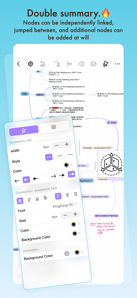 Interface of TouchMind app showing customization settings for connection lines and annotation text on a handwritten mind map.