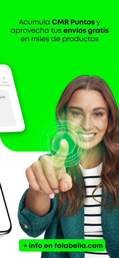 falabella.com – Compra online - Mujer señalando los beneficios de la app Falabella, incluyendo CMR puntos y envío gratis