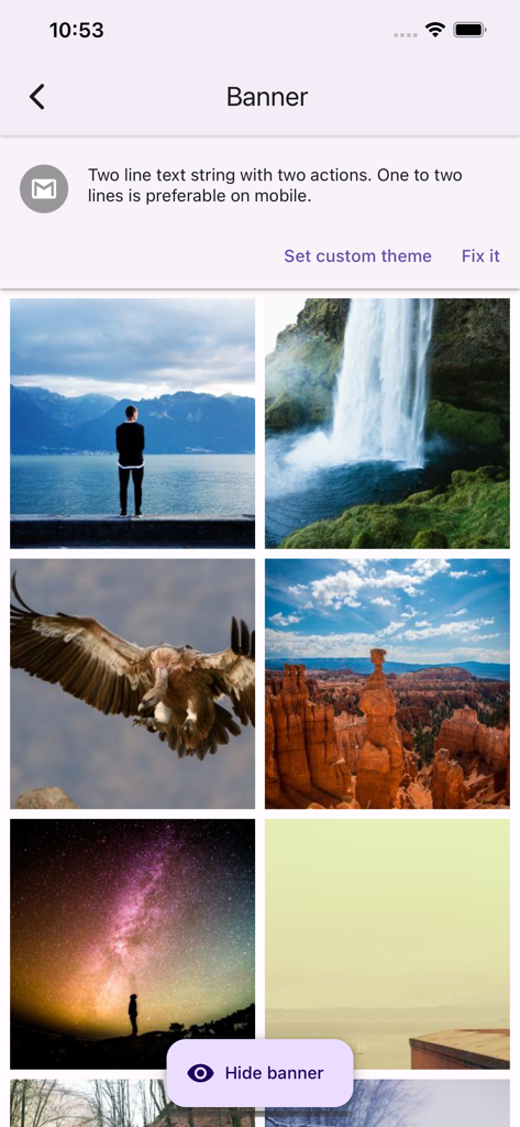 React Native Paper - Mobile UI demonstration of a Material Design banner component with action buttons in the React Native Paper app