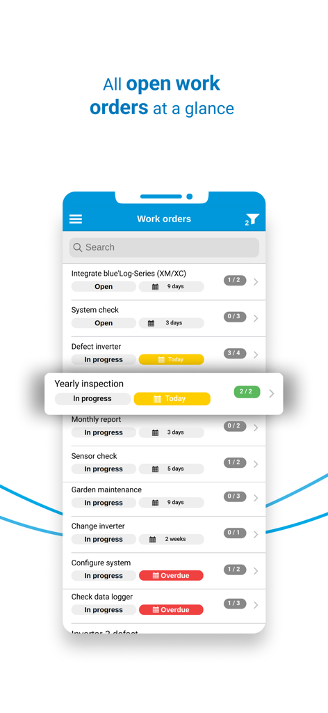 Mobile application interface showing a prioritized list of solar energy plant maintenance work orders.