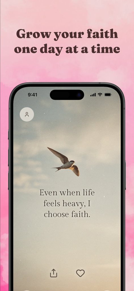 Divine: Bible Widget for Women - Divine app screen displaying an inspirational quote about choosing faith over a background of a flying bird.