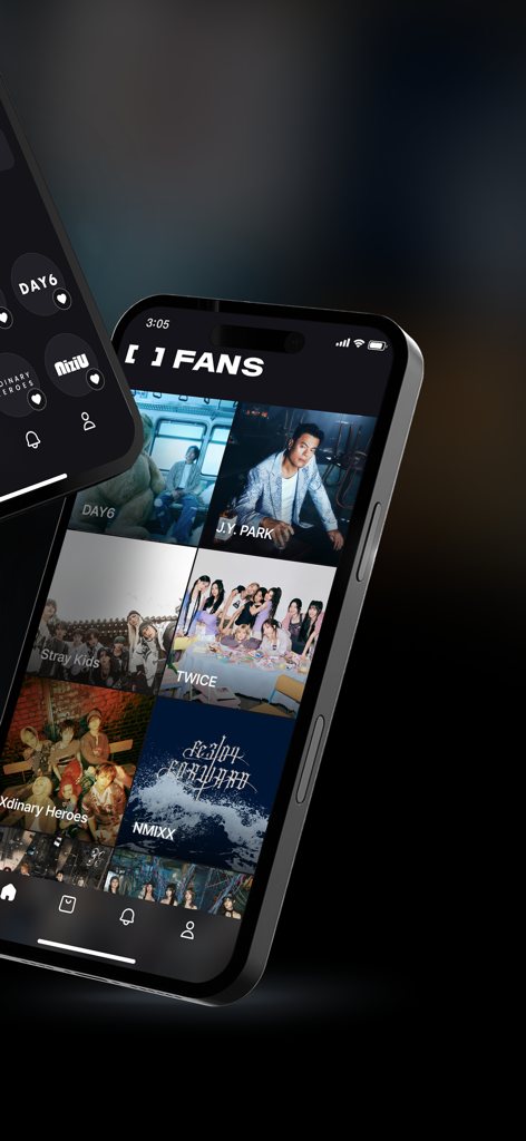 FANS - For Fans & Artists - Interfaz de la app FANS que muestra comunidades de artistas para grupos de JYP Entertainment.