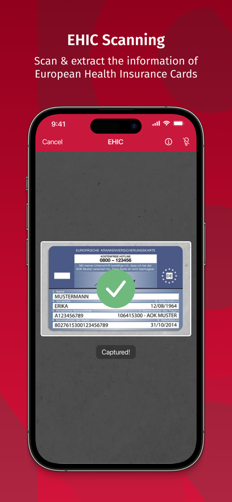 A smartphone using the Scanbot SDK app to scan and capture a European Health Insurance Card