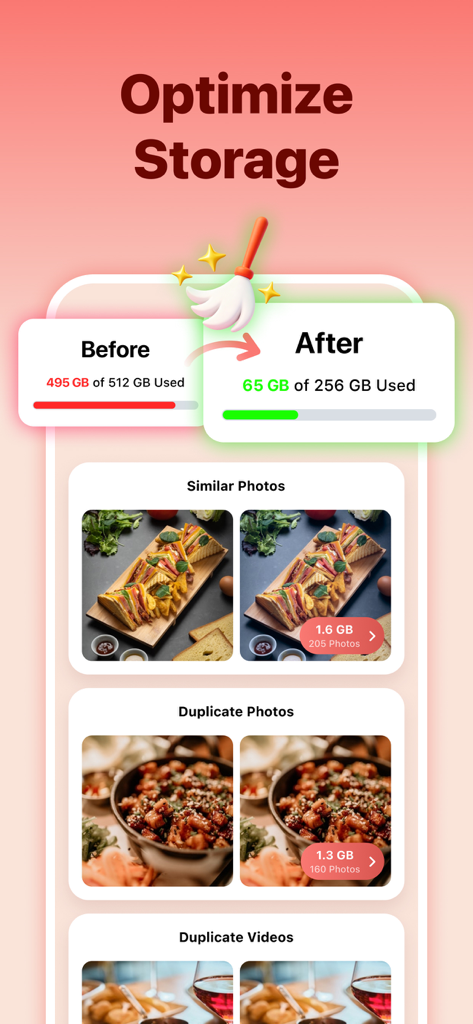 EatLog Album-Storage Cleaner - Pantalla que muestra la optimización del almacenamiento con comparación antes y después y listas de fotos de comida similares y duplicadas para eliminar