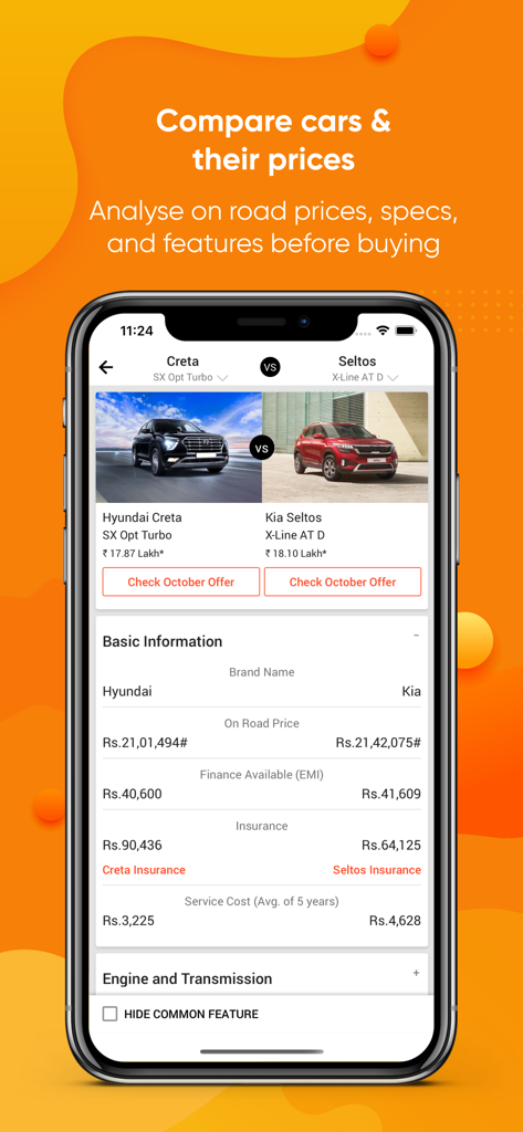 CarDekho app interface comparing on-road prices and technical specifications between Hyundai Creta and Kia Seltos