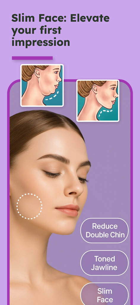 Slim Face - remove double chin - Interfaz de una aplicación de ejercicios faciales que muestra resultados de reducción de papada y esculpido de mandíbula