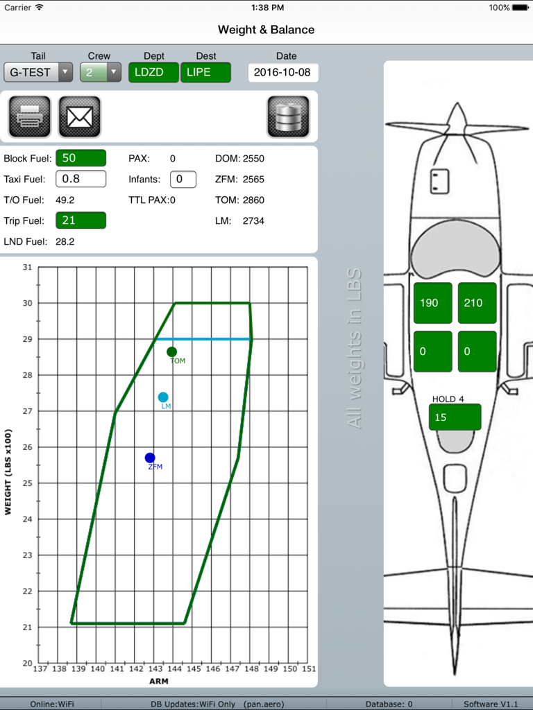 Pan Aero Weight and Balance Light Aircraft - Weight and balance calculation screen for light aircraft showing loading diagram and center of gravity envelope