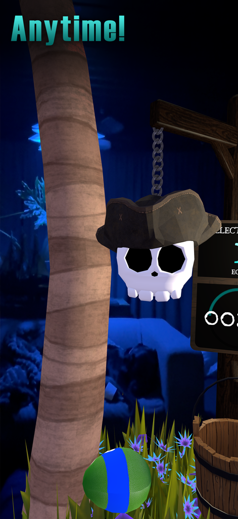 AR screenshot of Egg Hunt XR Mobile featuring a floating pirate skull and a hidden egg in a living room setting