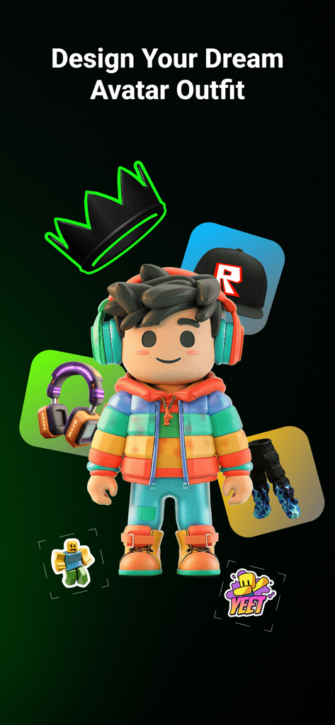 Avatar Clothes Skins Maker - A colorful 3D avatar character surrounded by floating clothing accessories and stickers for outfit design