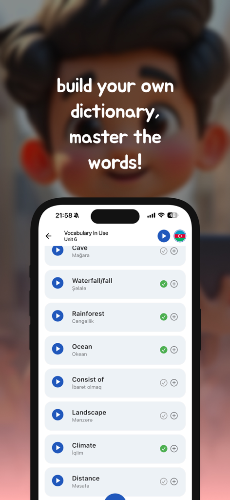 VocsApp - Interfaz móvil de VocsApp que muestra una lista de palabras de vocabulario para el aprendizaje de idiomas personalizado