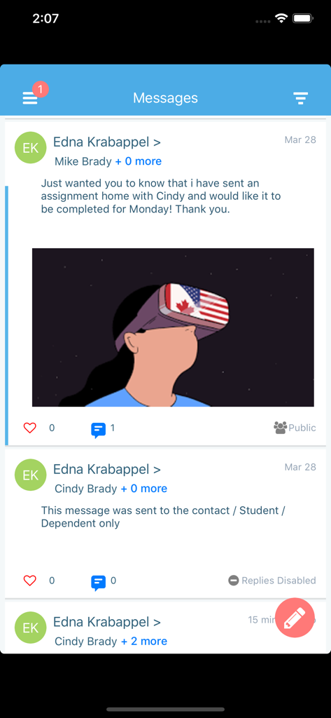 L'interfaccia di messaggistica dell'app SchoolMessenger che mostra un insegnante che comunica con i genitori riguardo ai compiti.