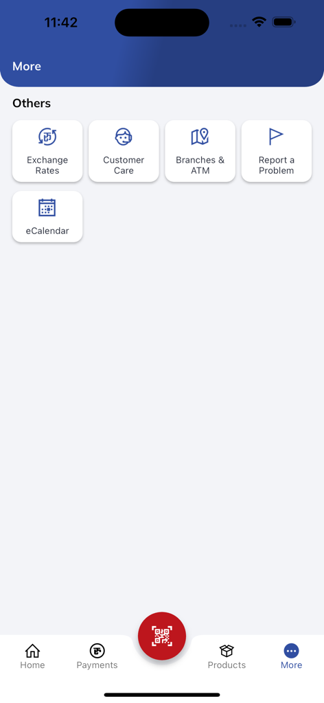 NBL BankSmart XP - The More menu in the NBL BankSmart XP app showing exchange rates and branch locations.
