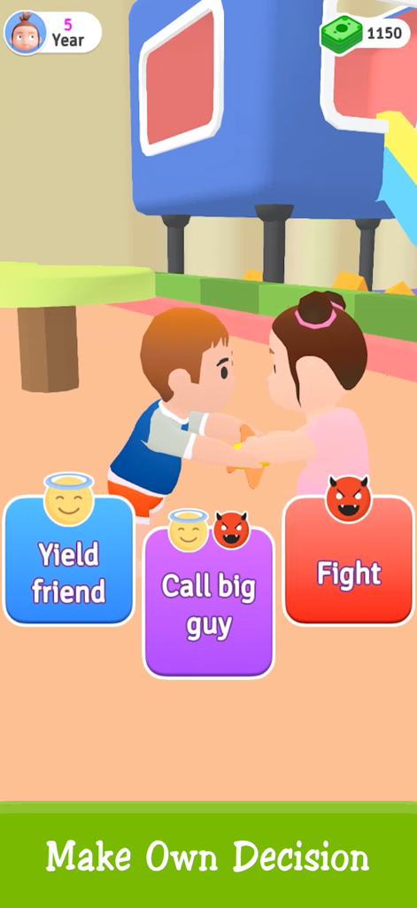 Um cenário de conflito infantil no Simulador de História de Vida onde o jogador escolhe entre ceder ou lutar por um brinquedo